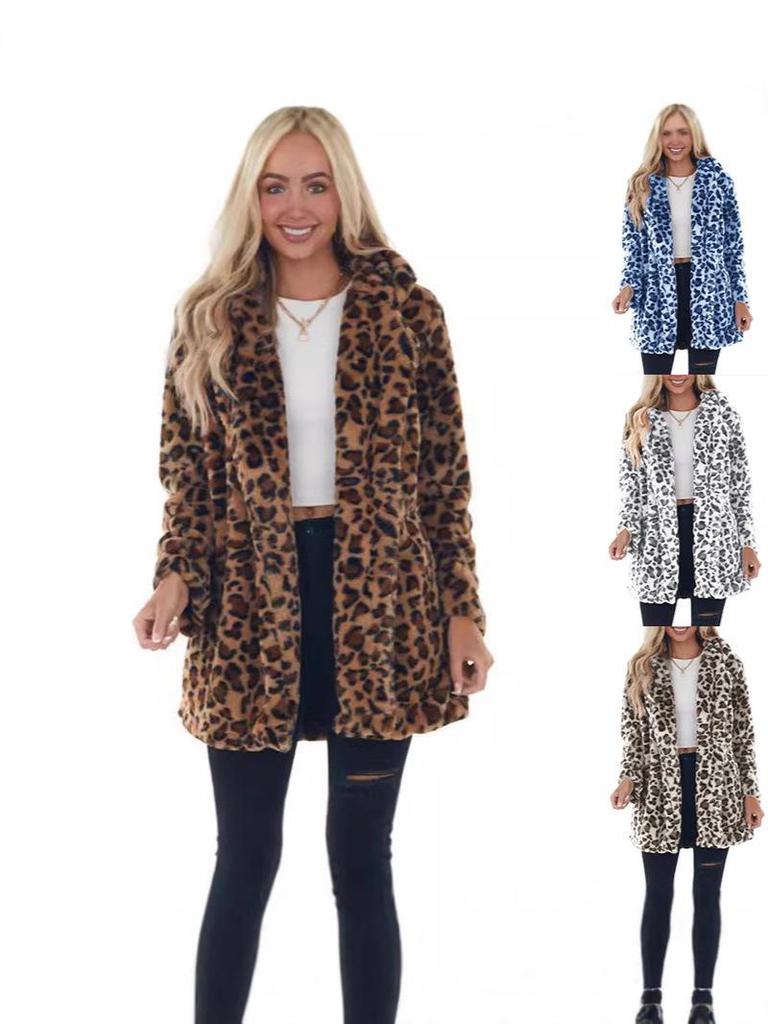 2024 Fall/Winter Leopard Print Women's Faux Fur Coat with Pockets - Plush, Loose Fit, Fashionable and Cozy