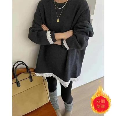 Loose and  Velvet Lace Casual Mid-length Long-sleeved T-shirt Women's Base Shirt Top