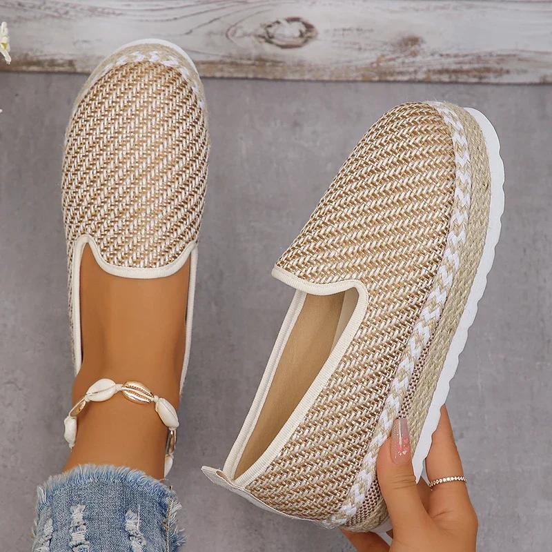 Modische geflochtene Loafer mit dicker Plateausohle für Damen, leichte Slip-On-Espadrilles, Damen-Freizeit-Sneaker mit dicker Sohle zum Gehen