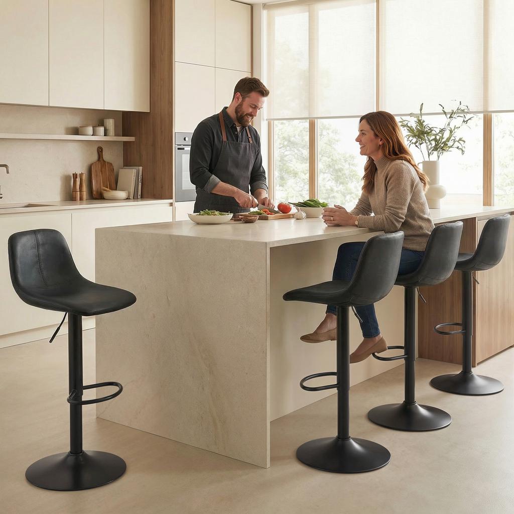 Bar Stools, Set of 2, Height-Adjustable, Backrest, Footrest, 360 Swivel, Steel, Black