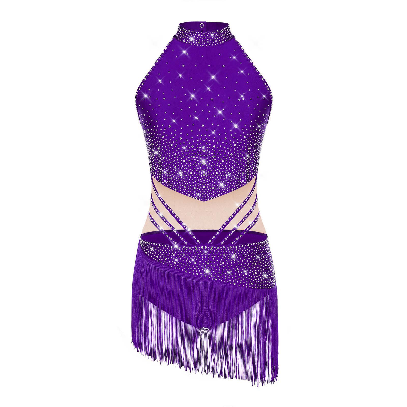 

Жіночий купальник без рукавів з коміром-стійкою, латковий, прикрашений стразами та китицями, одяг для латиноамериканських танців, гімнастики, змагань XS фіолетовий