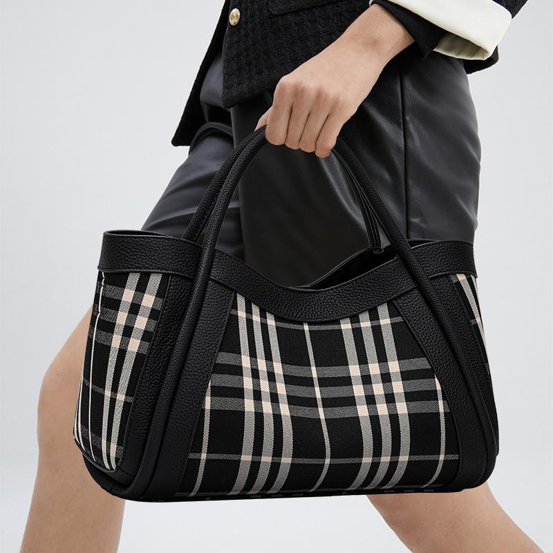 Women's Canvas and Genuine Leather Tote Bag Plaid Design Top Grain Cowhide Shoulder Handbag for Everyday Use Black and White