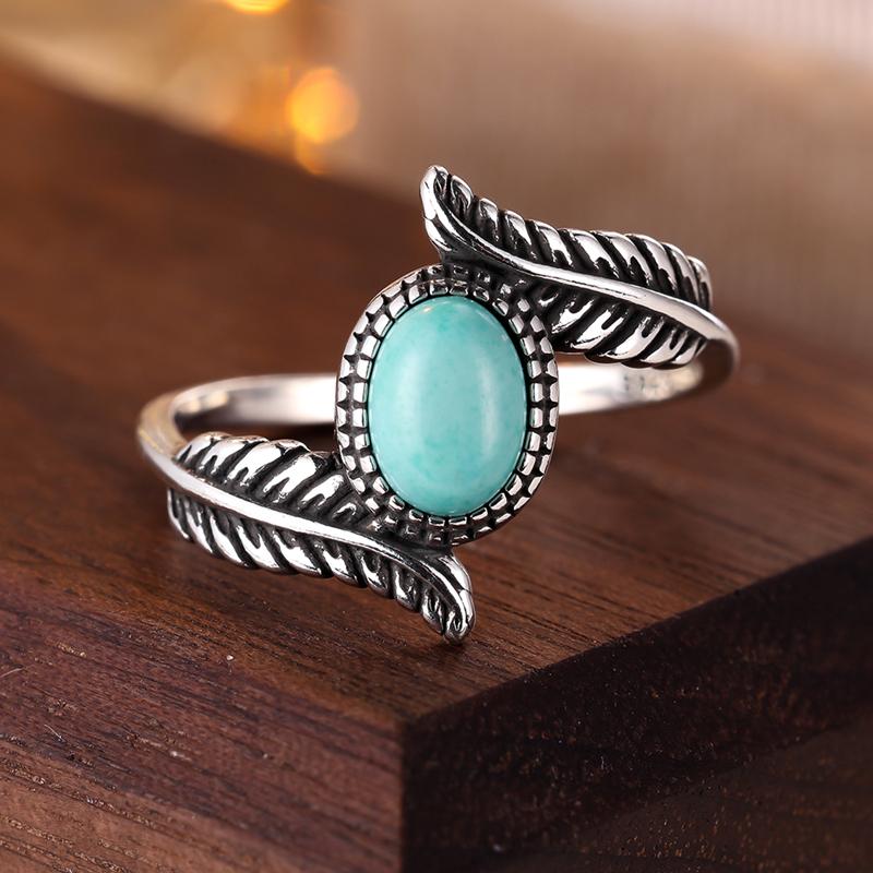 Inele din argint thailandez S925 pentru bărbați, femei, design retro elegant, inel oval lat cu pene turcoaz, bijuterii pentru petrecerea de nuntă