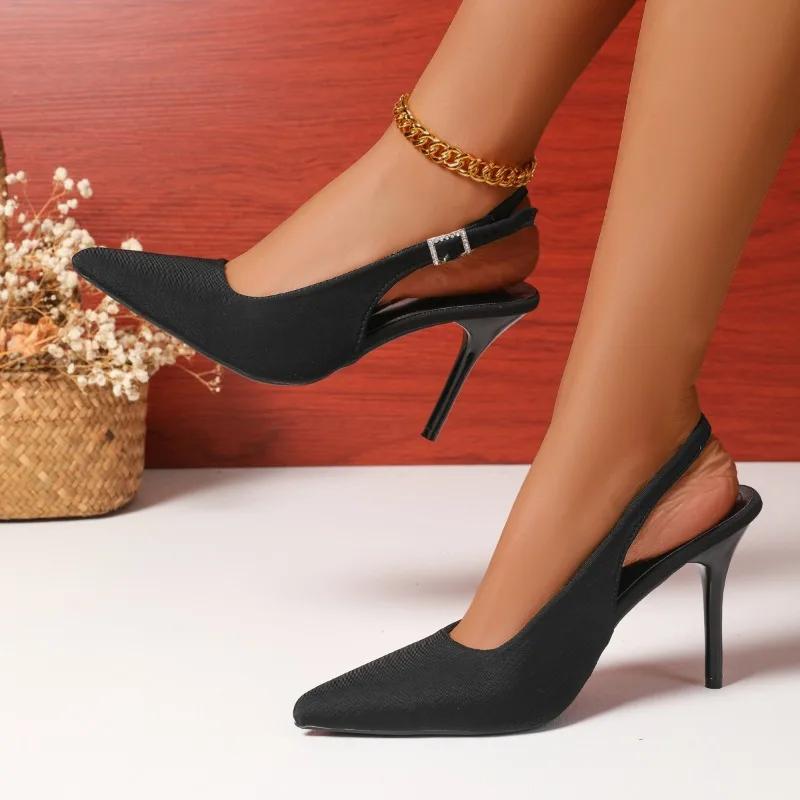 Fashion Size 43 Thin High Heel Sandals for Women Leopard Print Cover Toe Rhinestone Buckle Back Strap Stiletto Banquet Shoe Roman Sandal