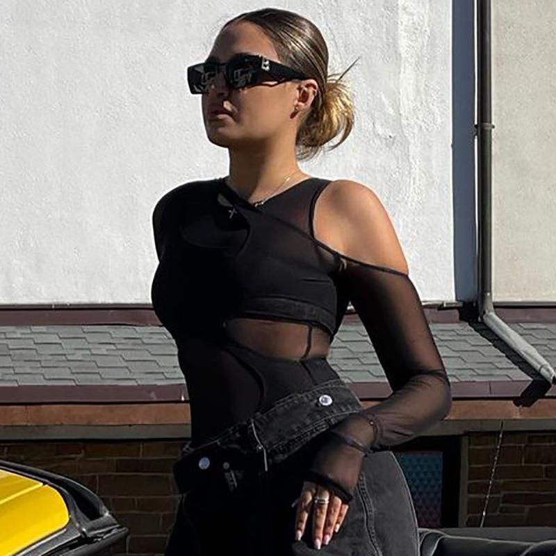High Street Sexy Transparent Slim Bodysuits Women Skinny Fashion Patchwork Basic One Piece Elegant Bodysuits Solid Party Clothes