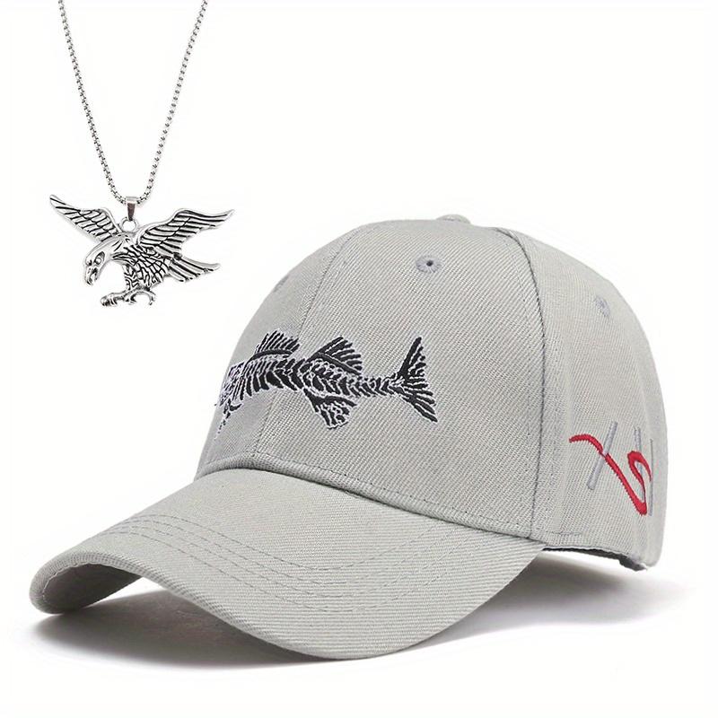 2pcs Men's Baseball Cap Necklace Set Embroidered Fish Sun Hat Casual Duck Tongue Cap Eagle Style Pendant Necklace Couple Camouflage Military Cap