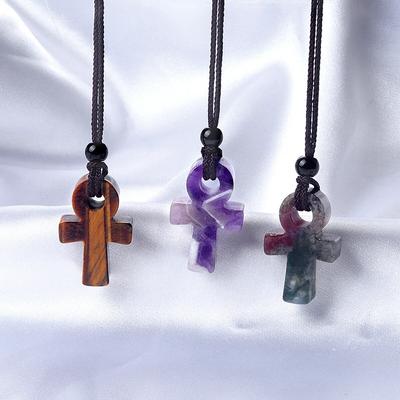 AnKa Halskette Naturstein Kristall Achate Crux Ansata Kreuz Anhänger Für Frauen Geburtstagsgeschenk Kette 32CM