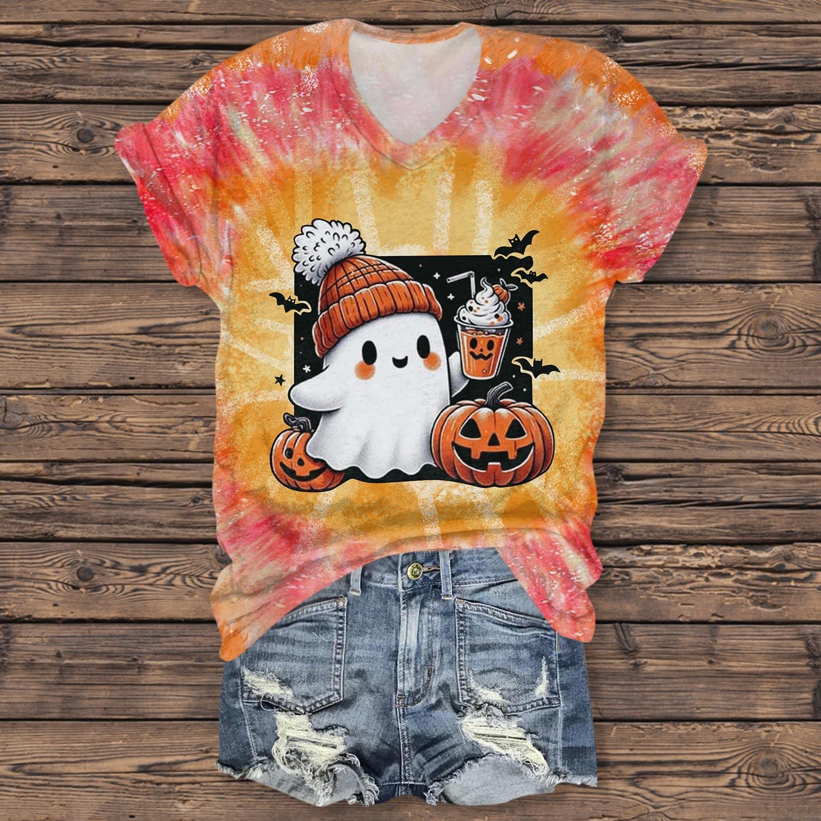 

Женская повседневная футболка с короткими рукавами и V-образным вырезом на тему Хэллоуина M жёлтый