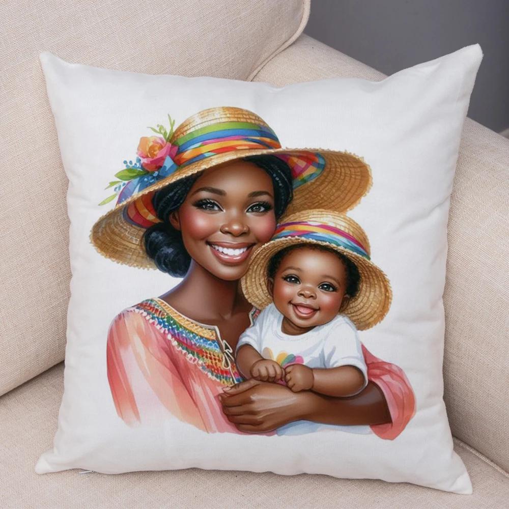 Africa Mom And Baby Pillow Case Decor Cartoon Beautiful Black Women Cushion Cover For Sofa Home Short Plush Pillowcase 45X45Cm