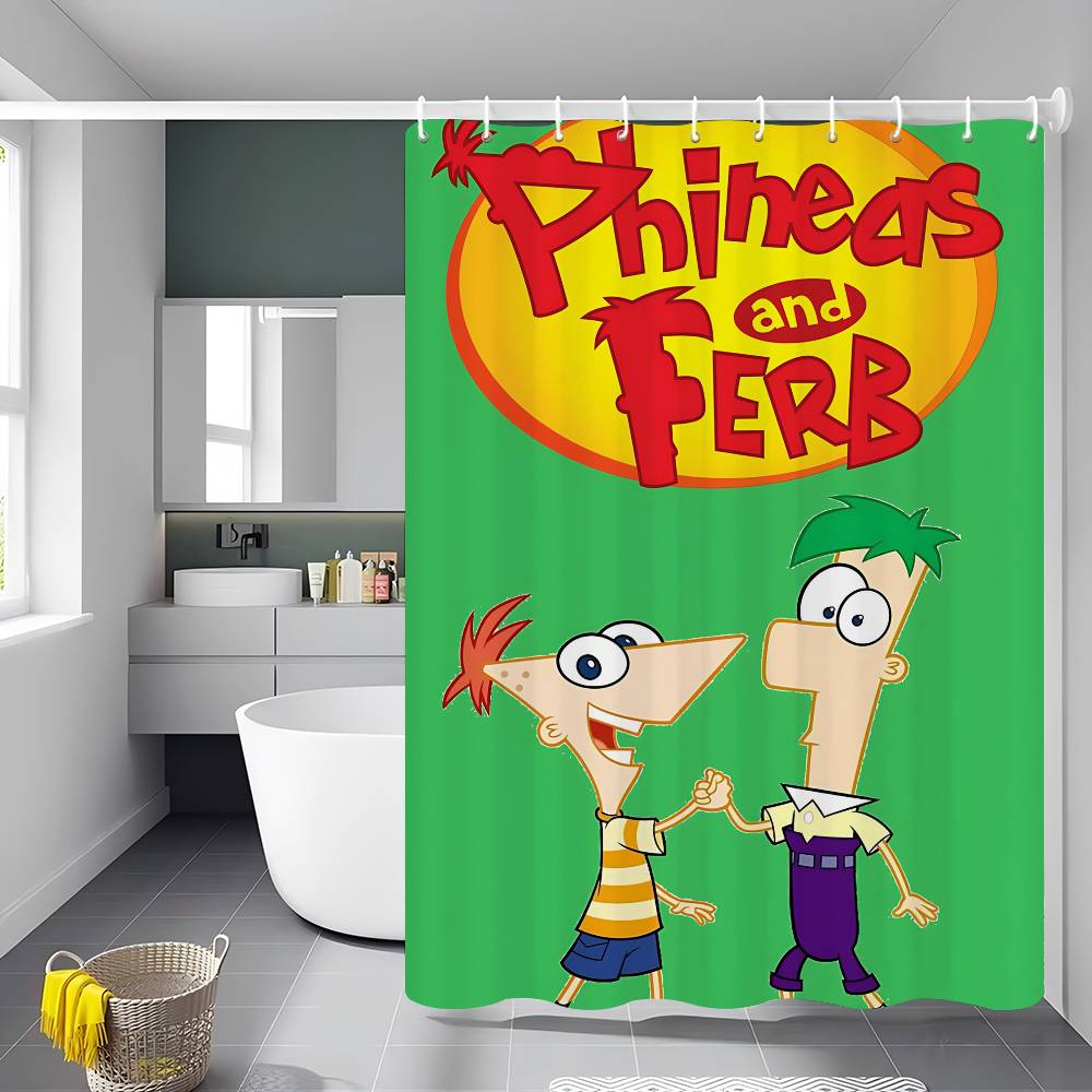 Klasický animovaný bílý sprchový závěs s Phineasem a Ferbem, dekorativní sprchový závěs do koupelny, vodotěsný sprchový závěs