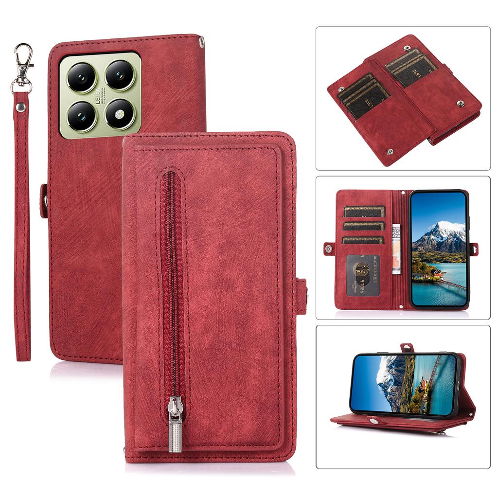 For Xiaomi 14T Case Zipper Pocket 9 Card Slots PU Leather Phone Cover with Wrist Strap