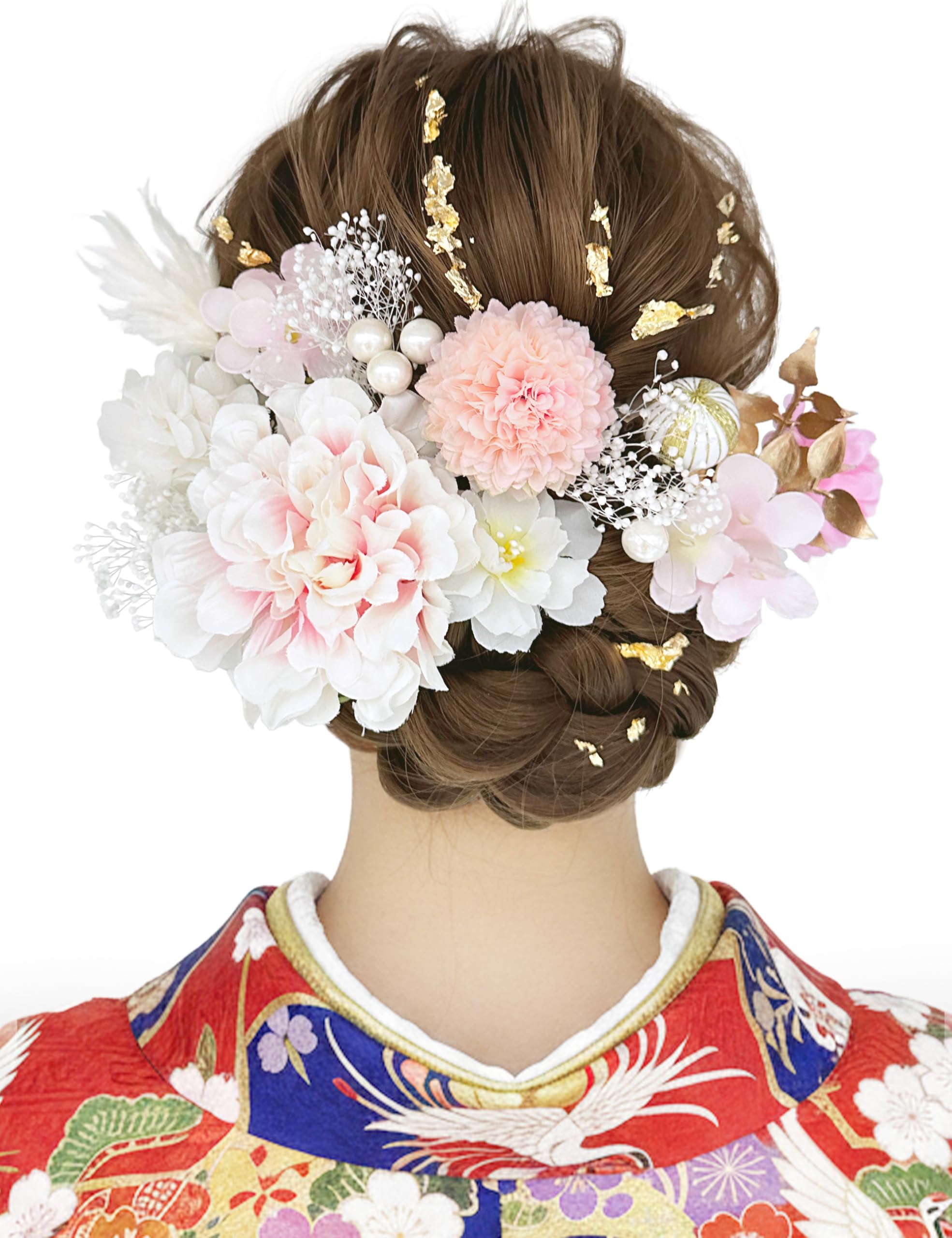 

[JZOON] Popular Hair Ornament Set: Dried Flowers, Baby s Breath, Japanese Ball, Gold Leaf, Handmade Hair Accessory, Mizuhiki, Flower, Coming-of-Age