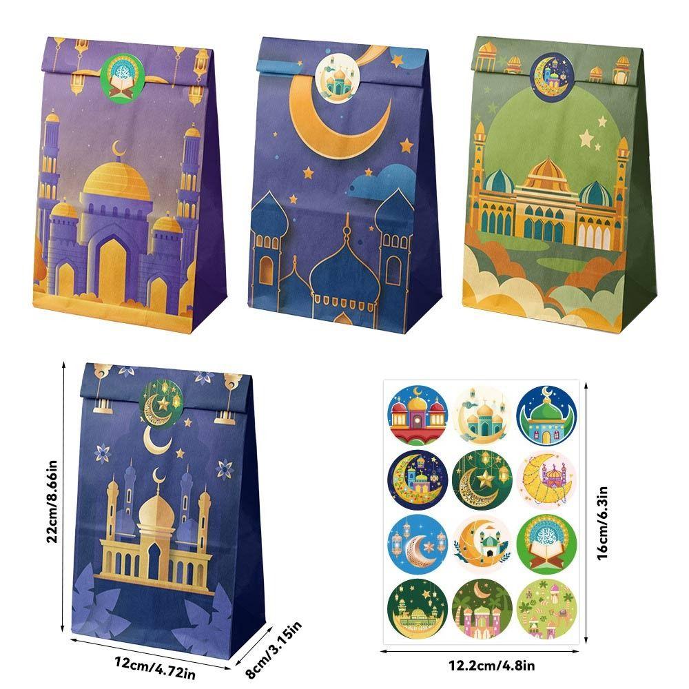 12PCS Eid Al-Fitr Ramadan Flat Open Bag Kraft Paper Multicolor Candy Bag Mixed Pattern with Stickers Packing Bag Eid Mubarak