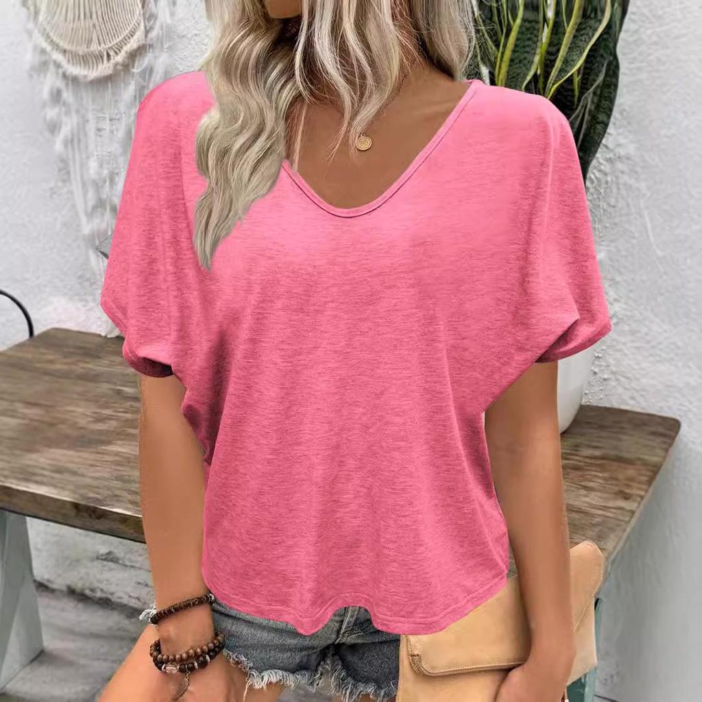 European-American New V-Neck Pleated T-Shirt, Loose Fit, Short Sleeves In Candy Colors.