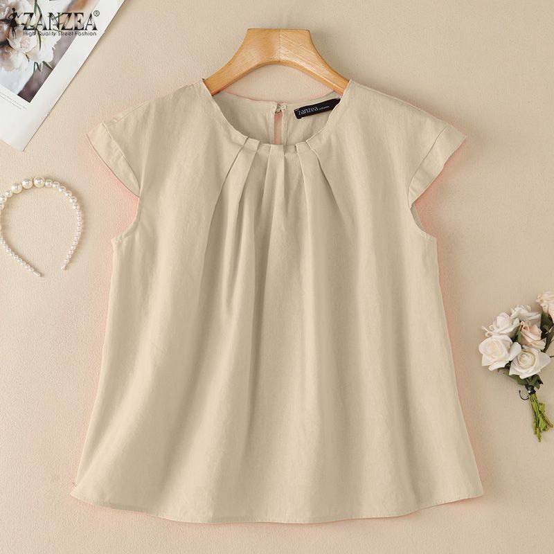 ZANZEA Women Casual Round Neck Solid Color Short Sleeve Cotton Blouse