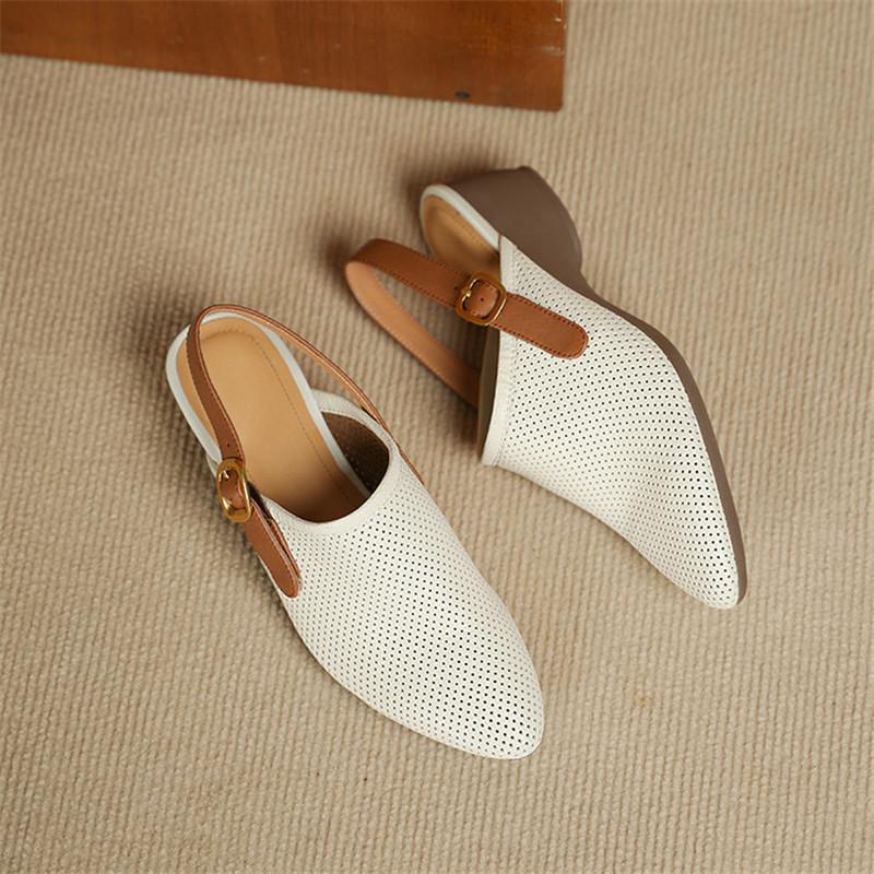 Fashion New Split Leather Summer Sandals Round Toe Sandals for Women Chunky Heels Fashion Hollow Out Sandals Breathable Ladies Shoes
