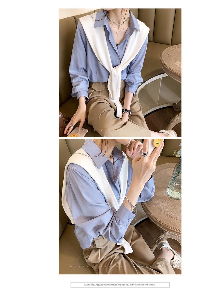 Spring Korean Style Solid Color Long Sleeve Overlap Shirt for Women