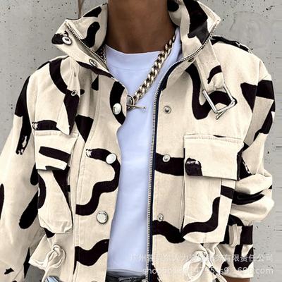 Fashion Spring Autumn Women Geometric Jackets Print Long Sleeve Button Jacket Coat Ladies Leisure Outerwear