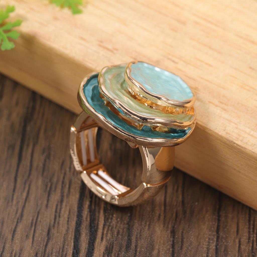 Women's Chic Bohemian Triple-Layer Enamel Ring - KC Golden Plated Zinc Alloy, Stretch Fit - Perfect for Thanksgiving Day & Daily Wear | Durable Platin