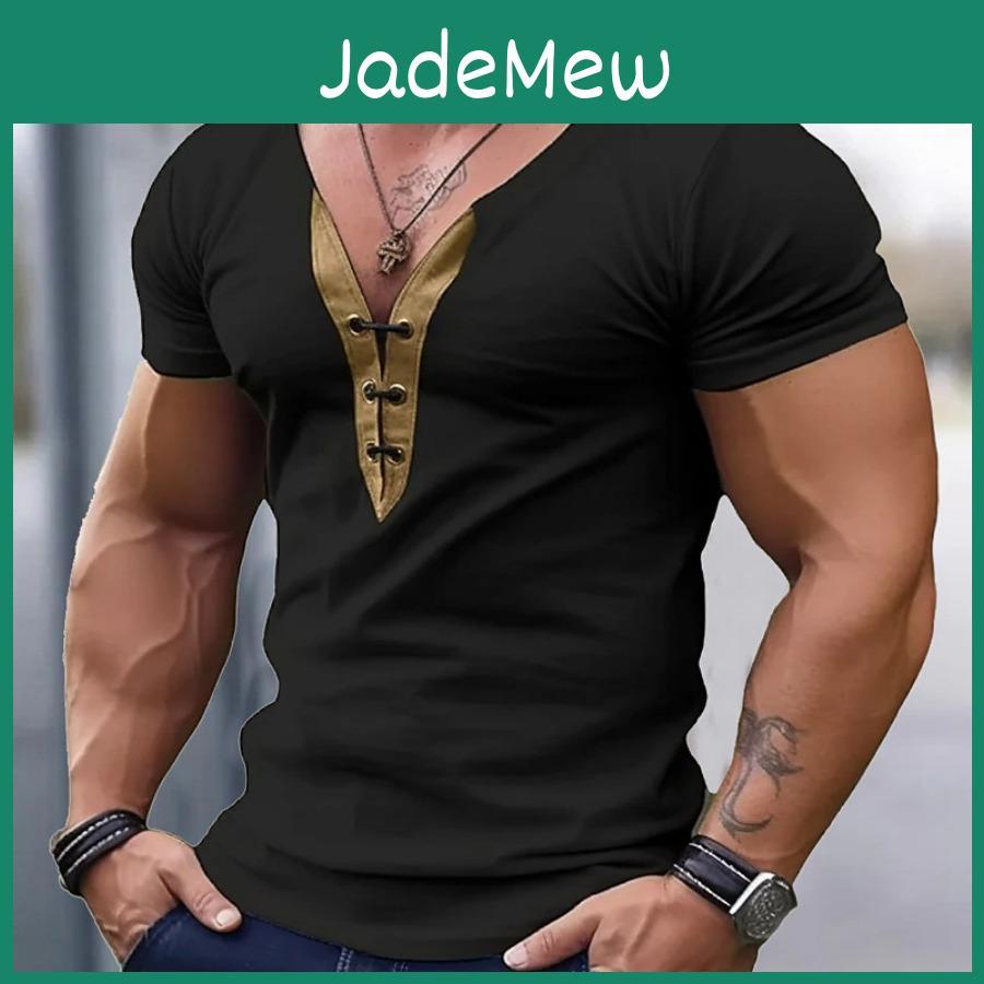 Color Summer Mens Vneck Tee Matching Short Sleeve Tshirt Youth Slim Fit Sports Fitness Men Top