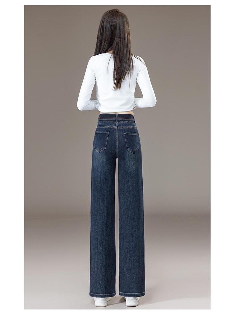 2025 Spring/Autumn Women's Washed Denim Pants - Loose, High Waist, Elastic, Mid-Age, Narrow/Wide-Leg, Straight Fit