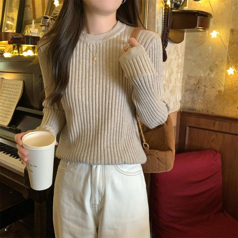 Front shoulder knitted sweater women's soft waxy texture sweater autumn and winter style waist and thin inner long-sleeved bottoming top