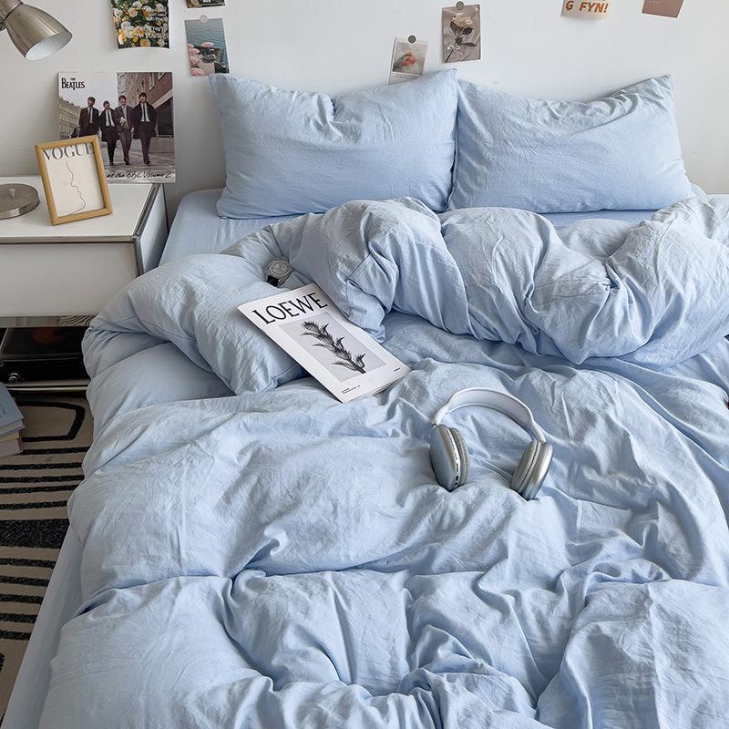 Super Soft Bed 4Pcs Set, Pure Washed Cotton Quilt Cover, Bed Sheet Full Quilt Cover, Bed Hat Student Three 4-Piece Set