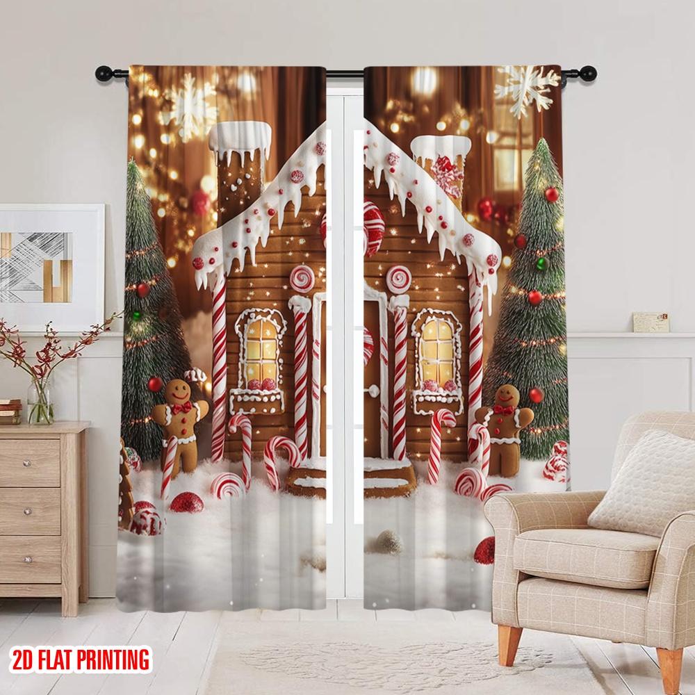 2 Stück 2D FlachdruckWeihnachts-Wintervorhänge Lebkuchenhaus Frohe Weihnachten Schnee Baum Heiligabend Party Schneeflocke Geeignet für Schlafzimmer
