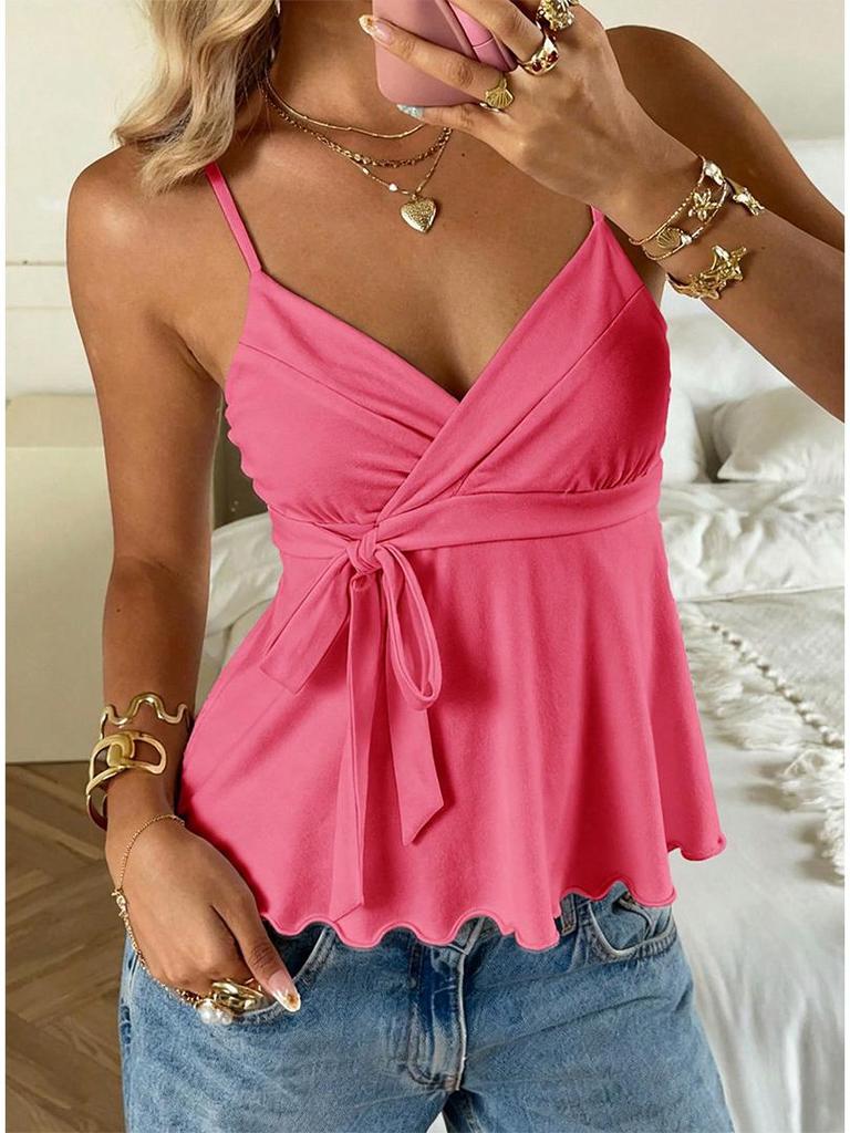 2026 V-Neck Waist-Cinching Ruffled Camisole for Women - European/American Style, Slimming Sleeveless Top
