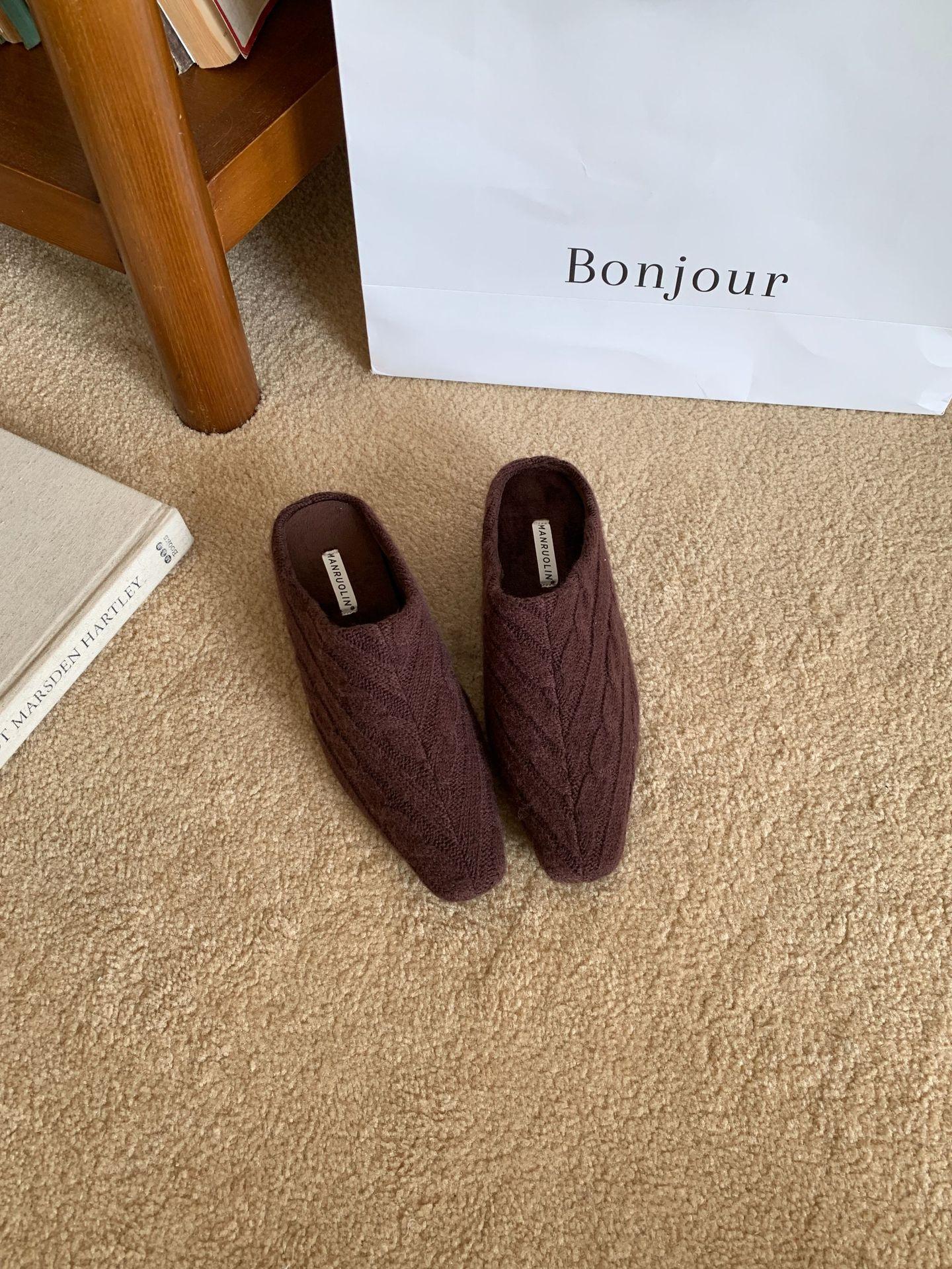 

2025 осень новые французские шлепанцы с квадратным носком вязаные с внутренней платформой квадратный носок полушлепанцы уличные шлепанцы 39 кофейный