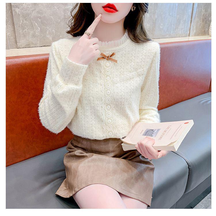 

2025 Autumn/Winter Korean Bow Slimming Lace Shirt - Fleece-Lined, Long Sleeve, Versatile Women s Style S