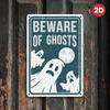 Vintage Beware Of Ghosts Metal Sign, Distressed Moon Halloween Wall Decor, Haunted House Indoor Outdoor