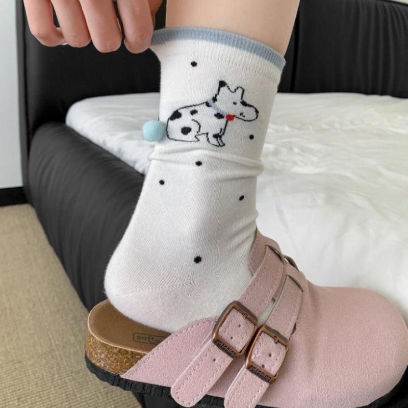 1Pair Cartoon Cute Cat Dog Balls Cotton Socks Kawaii Cat Dog Tinkerbell Egg Print Middle Tube Sock Female Lolita Knitting Socks