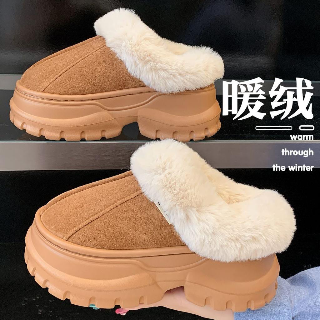 High-heeled Cotton Slippers Women's Winter 2025 New Thick-soled Heightening To Keep Warm Autumn and Winter Wear Plush Slippers Women