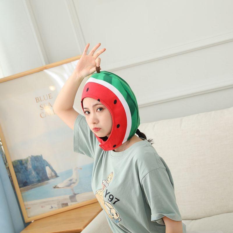 Cut watermelon headgear, hat, plush headgear, photo props, cartoon headgear.