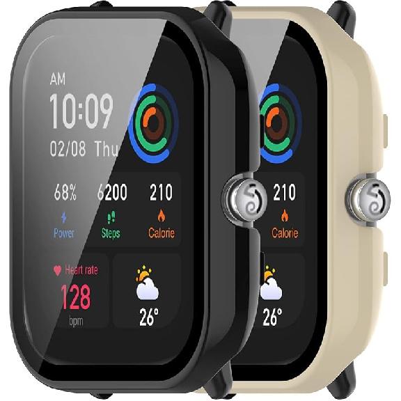 E ECSEM 2-Pack Compatible for Amazfit GTS 4 Mini Screen Protector Cover, Tempered Glass Screen + All-Round PC Matte Protector Case Set for Amazfit