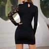 Vestido de dama con encaje calado y bordado, ajustado, de otoño, color liso y brillante