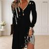 Women Plus Size V Neck Long Sleeve Black Gold Geometric Printed Curved Hem Dress