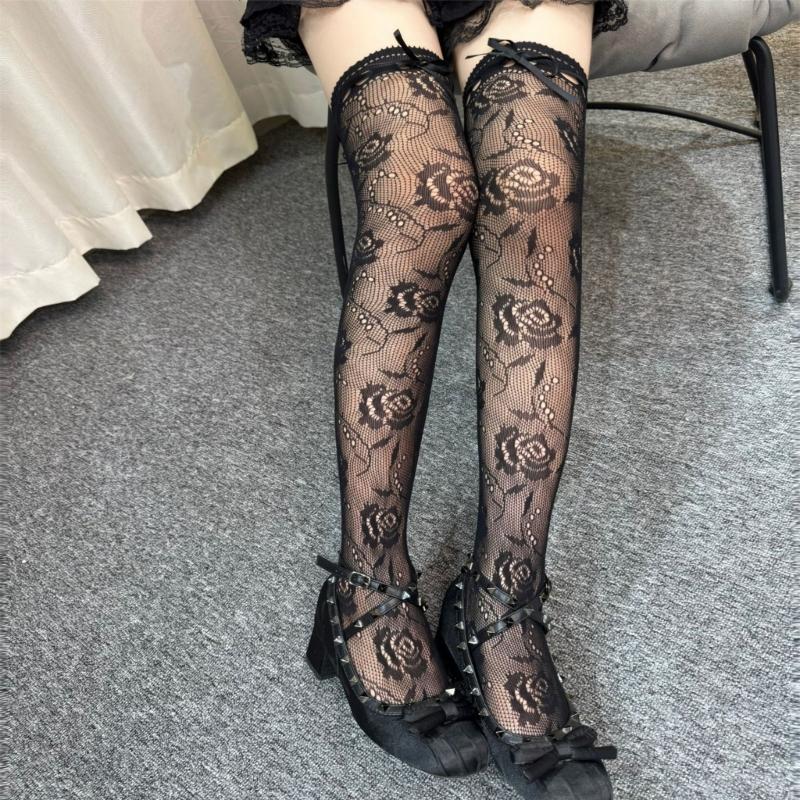 Lace Thigh High Socks With Rose Pattern Hollows Out Design Breathable Over Knee Stockings For Women Comfortable Polyester