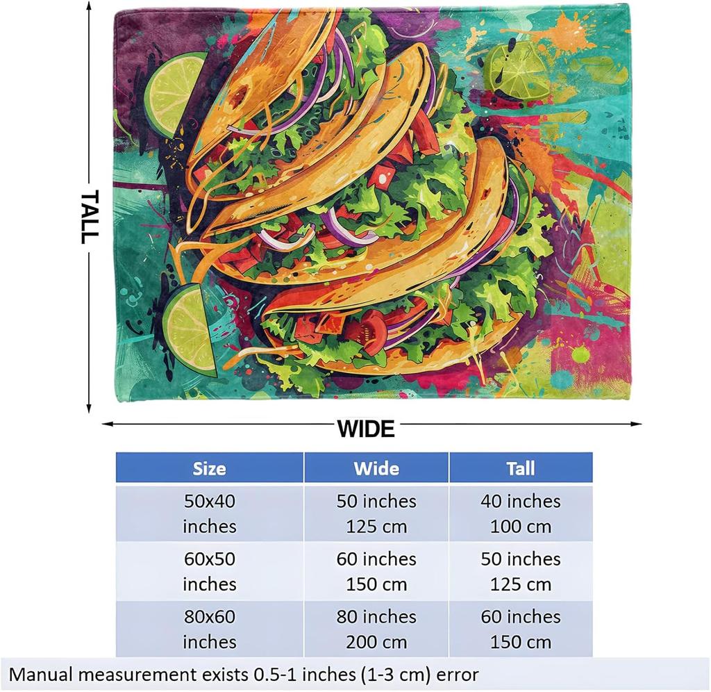 Taco Food Throw Blanket for Girls Boys Kids Adults, 50x60 in, Cozy Flannel Blanket for Bedroom, Camping, Couch, Room Decor, Fuzz