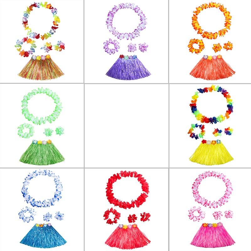 Kinder Hawaiianischer Hula Grasrock Strandkleid Lei Blumen Stirnband Mädchen Kostüm HOT