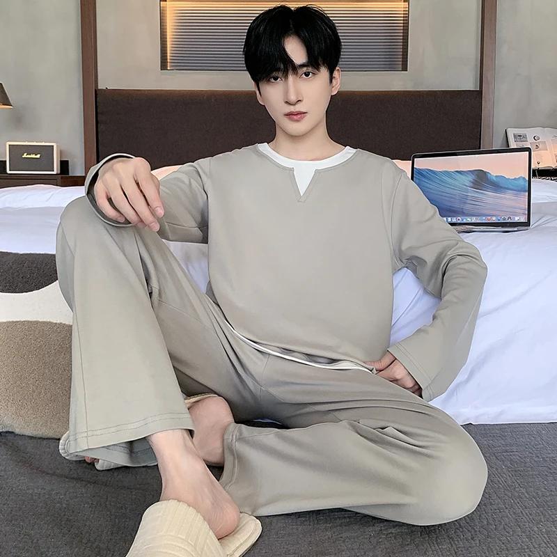 Men Pajamas Set Spring Cotton Casual Sleepwear Minimalist Style Long Leisure Homewear Fashion Boys Nightwear