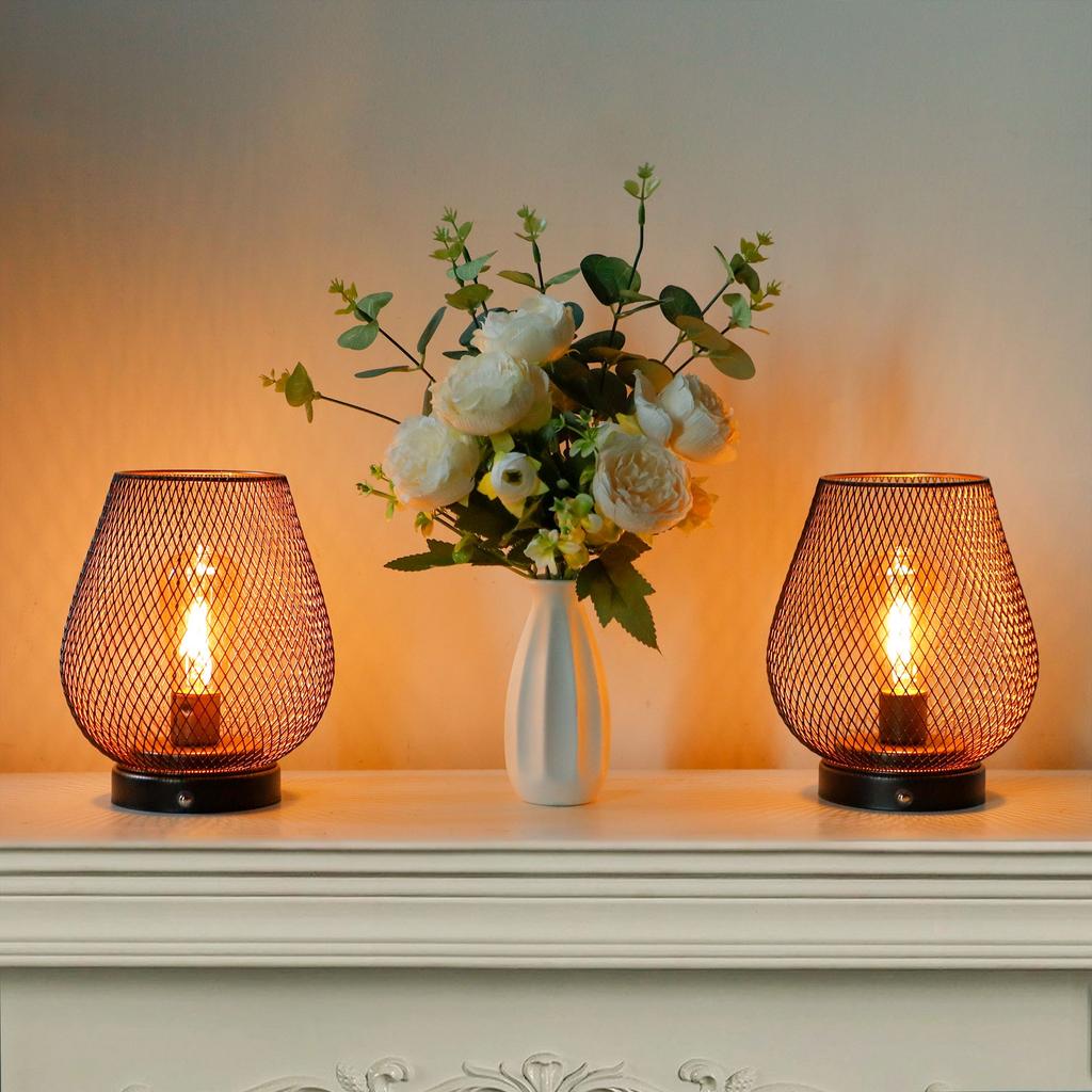 Set of 2 Rechargeable Battery Operated Lamp LED Table Lamp Metal Cage Cordless Lamps with LED Bulb