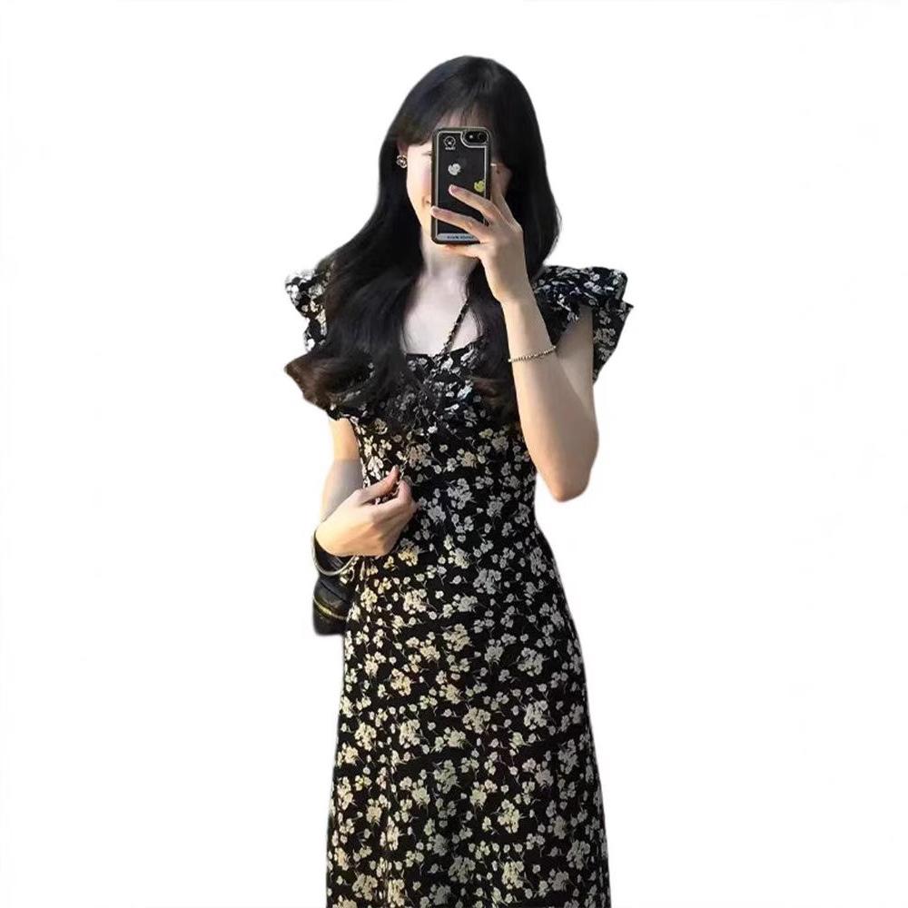 Coffee break French Hepburn style black floral dress children's summer new temperament waist long dress advanced
