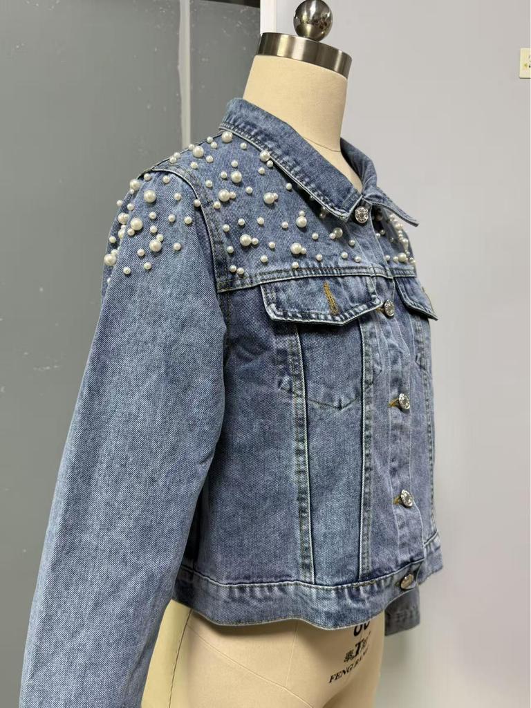 New Style Pearl Denim Jacket for Women - Spring & Autumn Fashion Short Jacket