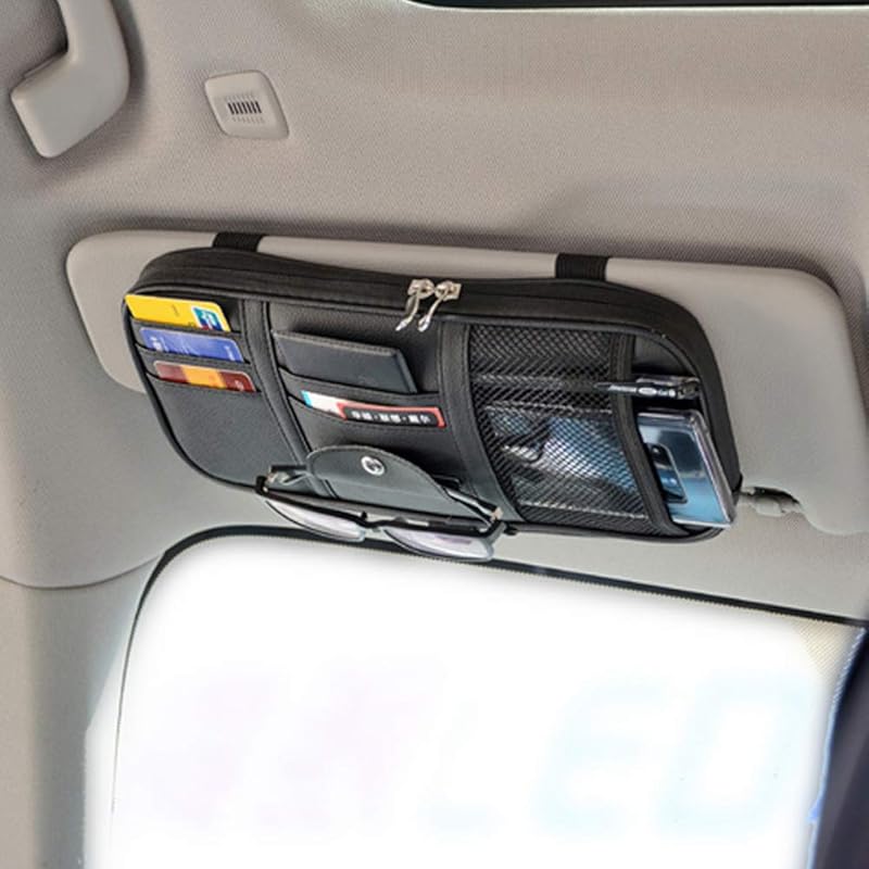 Car Sun Visor Organizer, Auto Interior Accessories Pocket Organizer - Car Truck SUV Storage Pouch Holder, With Multi-Pocket Net Zipper (Black)