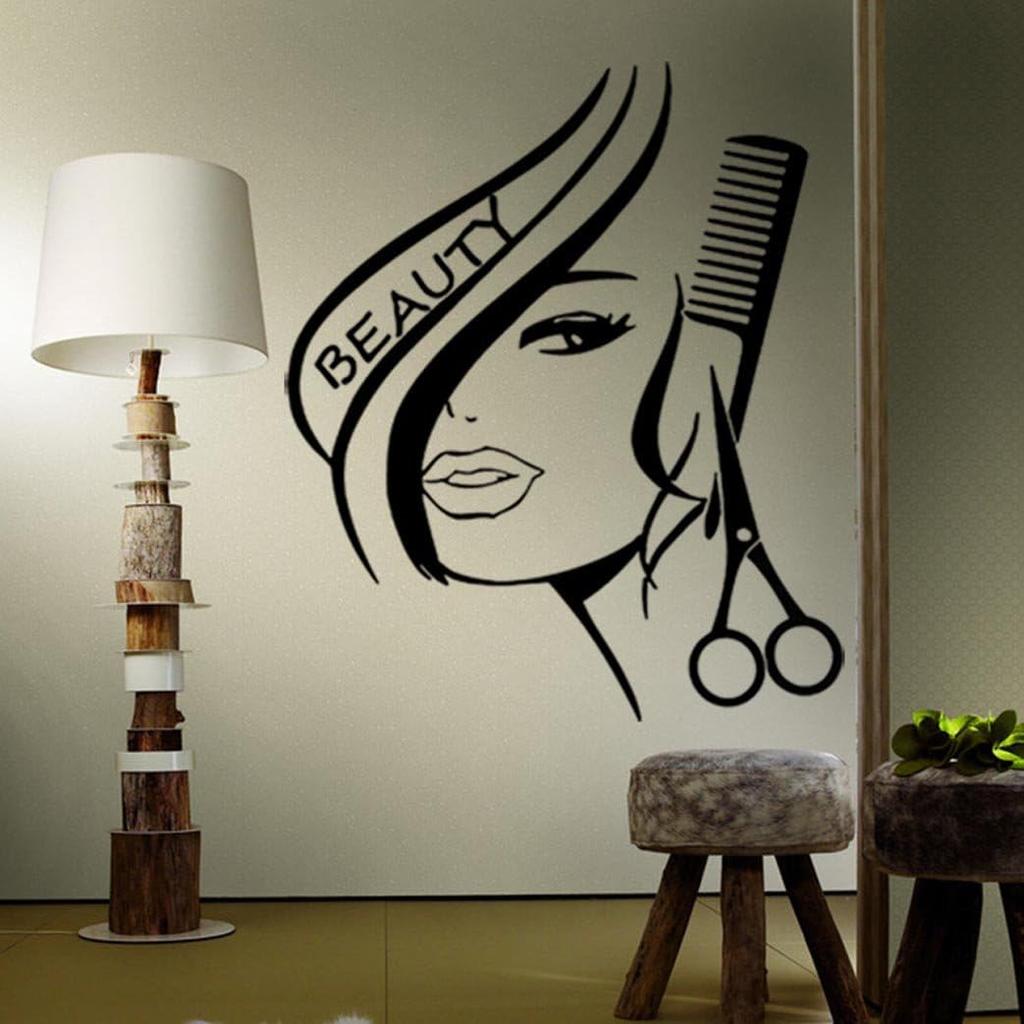 BIBITIME Modern Fashion Beauty Girl Cut Hair with Scissors Comb Barber Shop Wall Decal Window Sticker Hairdressing Salon Creative Personality Vinyl