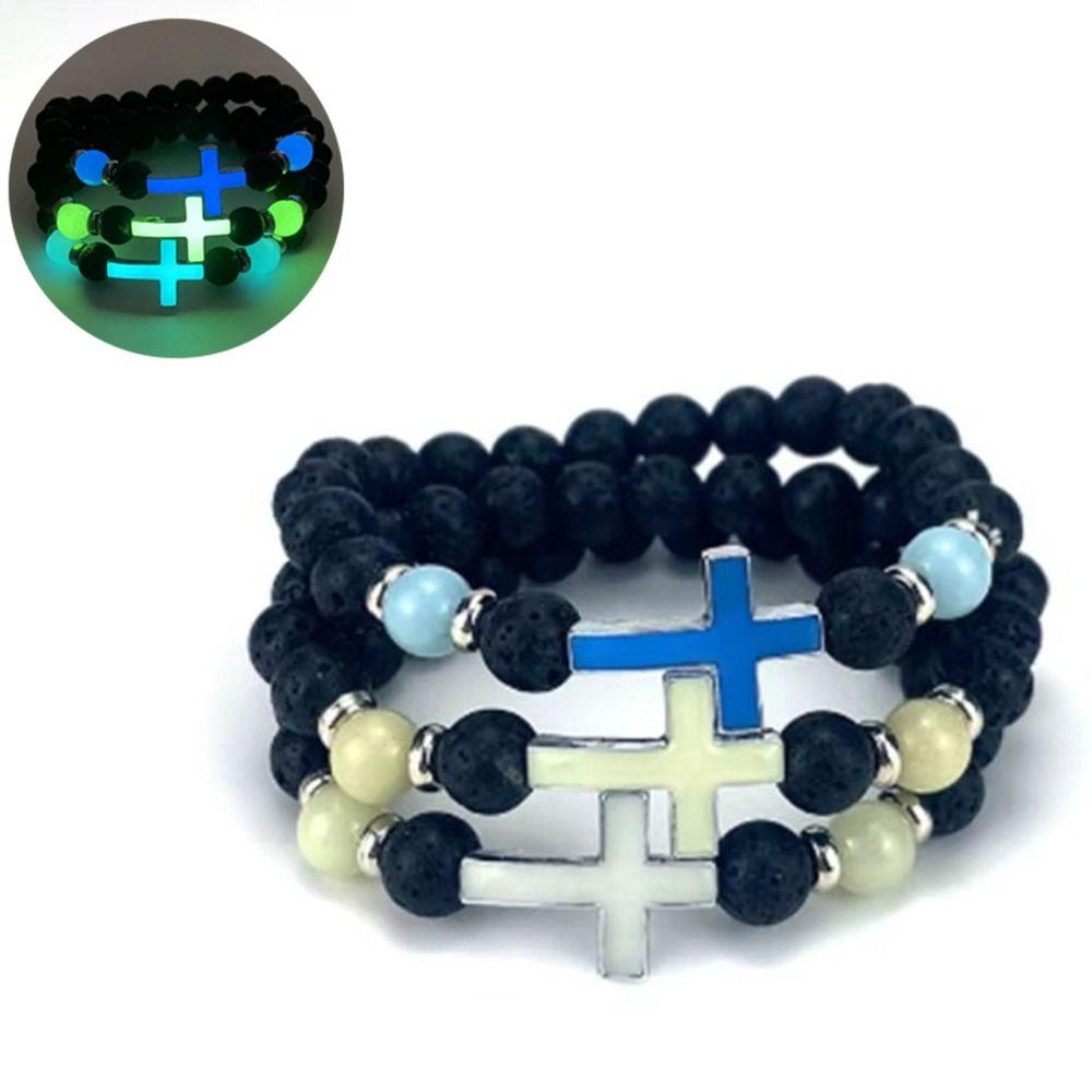 Retro Men’s Beaded Bracelet Ethnic Style Cross Bangle Volcano Stone Bead Bracelet Friend