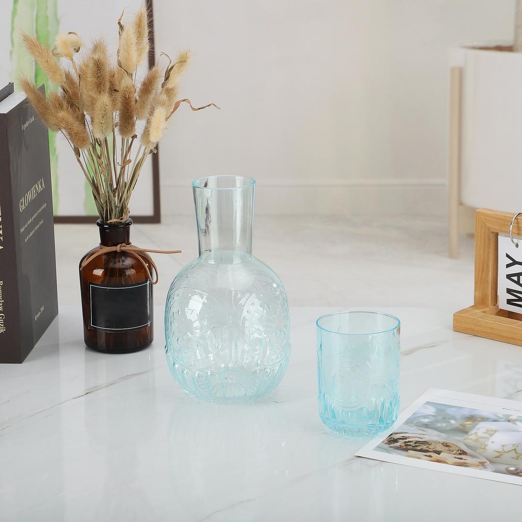 Jug and Glass Set Bedside Water Carafe Crystal Bottle Retro with Relief for Juice