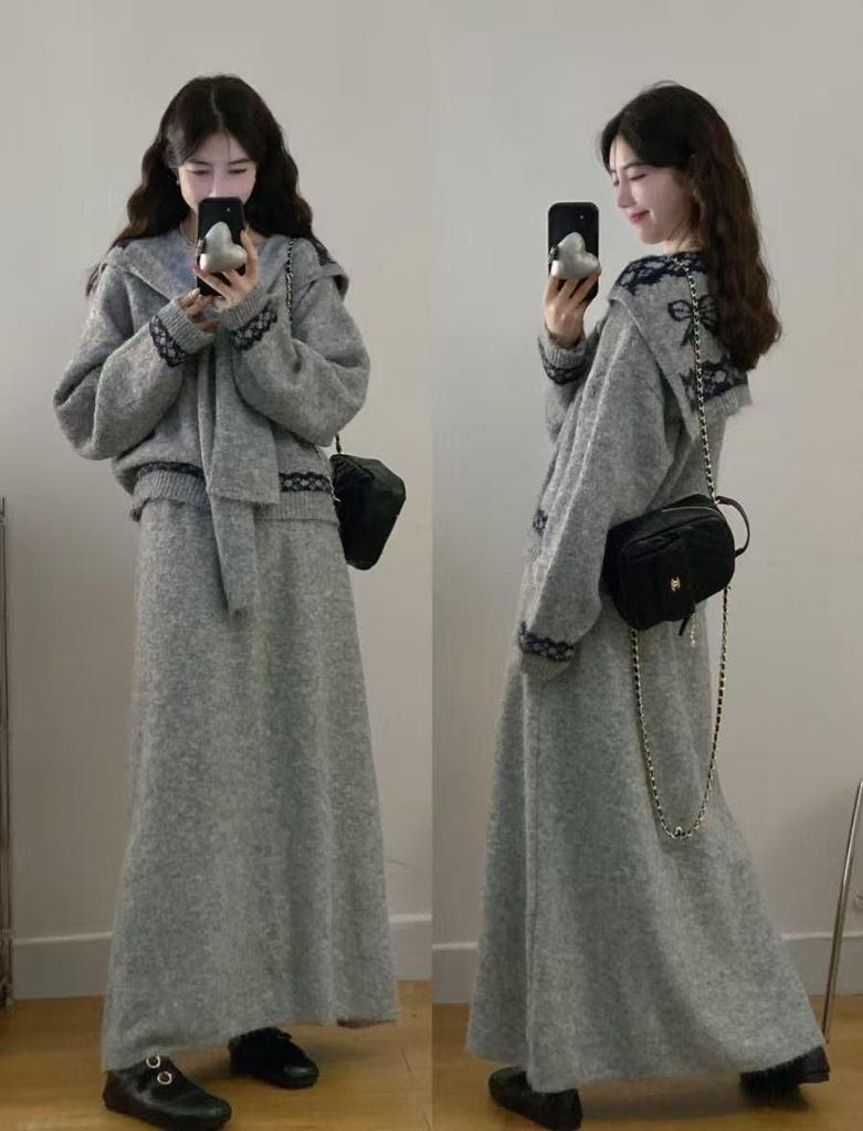 Korean Style V-Neck Jacquard Sweater & Knit Skirt Set - Plus Size, Loose Fit